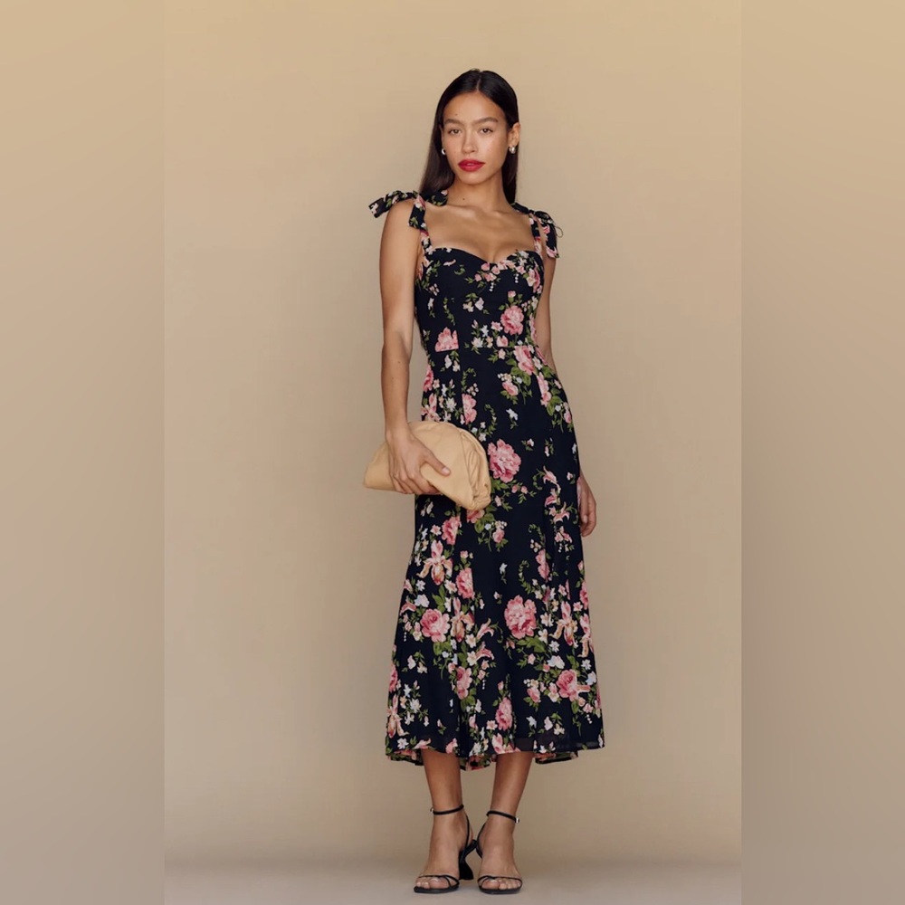 Reformation Nadira Dress Black Maxi Dress with Pink Floral Design